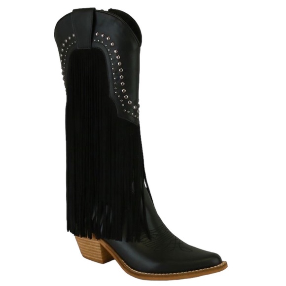 Beast Fashion Black Fringe Antique Stud Embellishment Tall Western Cowboy Boot - Picture 1 of 7